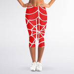 Red And White Spider Web Pattern Print Women's Capri Leggings
