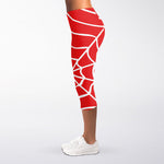 Red And White Spider Web Pattern Print Women's Capri Leggings