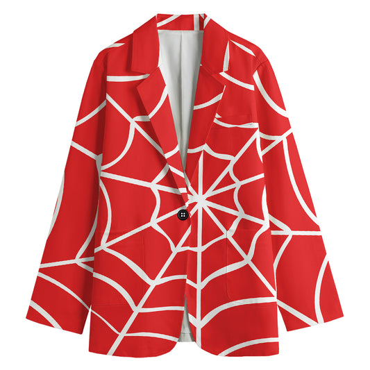 Red And White Spider Web Pattern Print Women's Cotton Blazer