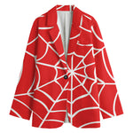 Red And White Spider Web Pattern Print Women's Cotton Blazer