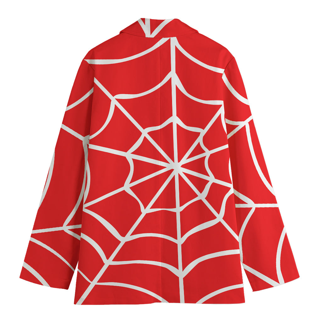 Red And White Spider Web Pattern Print Women's Cotton Blazer