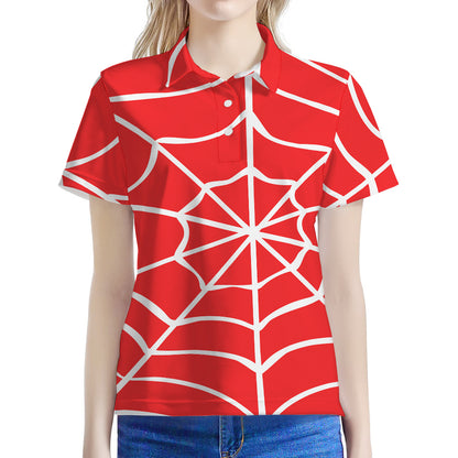 Red And White Spider Web Pattern Print Women's Polo Shirt
