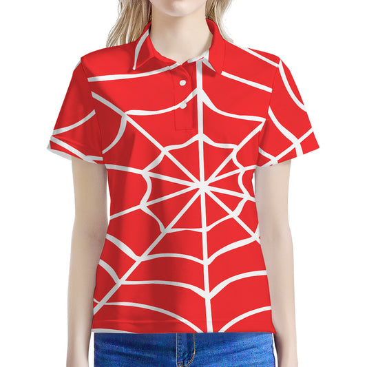 Red And White Spider Web Pattern Print Women's Polo Shirt