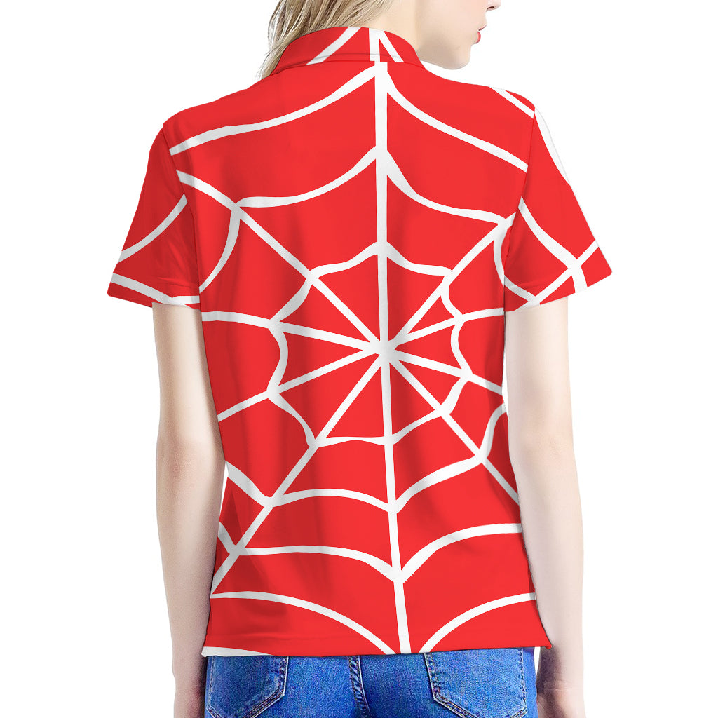 Red And White Spider Web Pattern Print Women's Polo Shirt