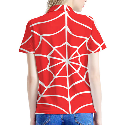 Red And White Spider Web Pattern Print Women's Polo Shirt