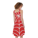 Red And White Spider Web Pattern Print Women's Sleeveless Dress