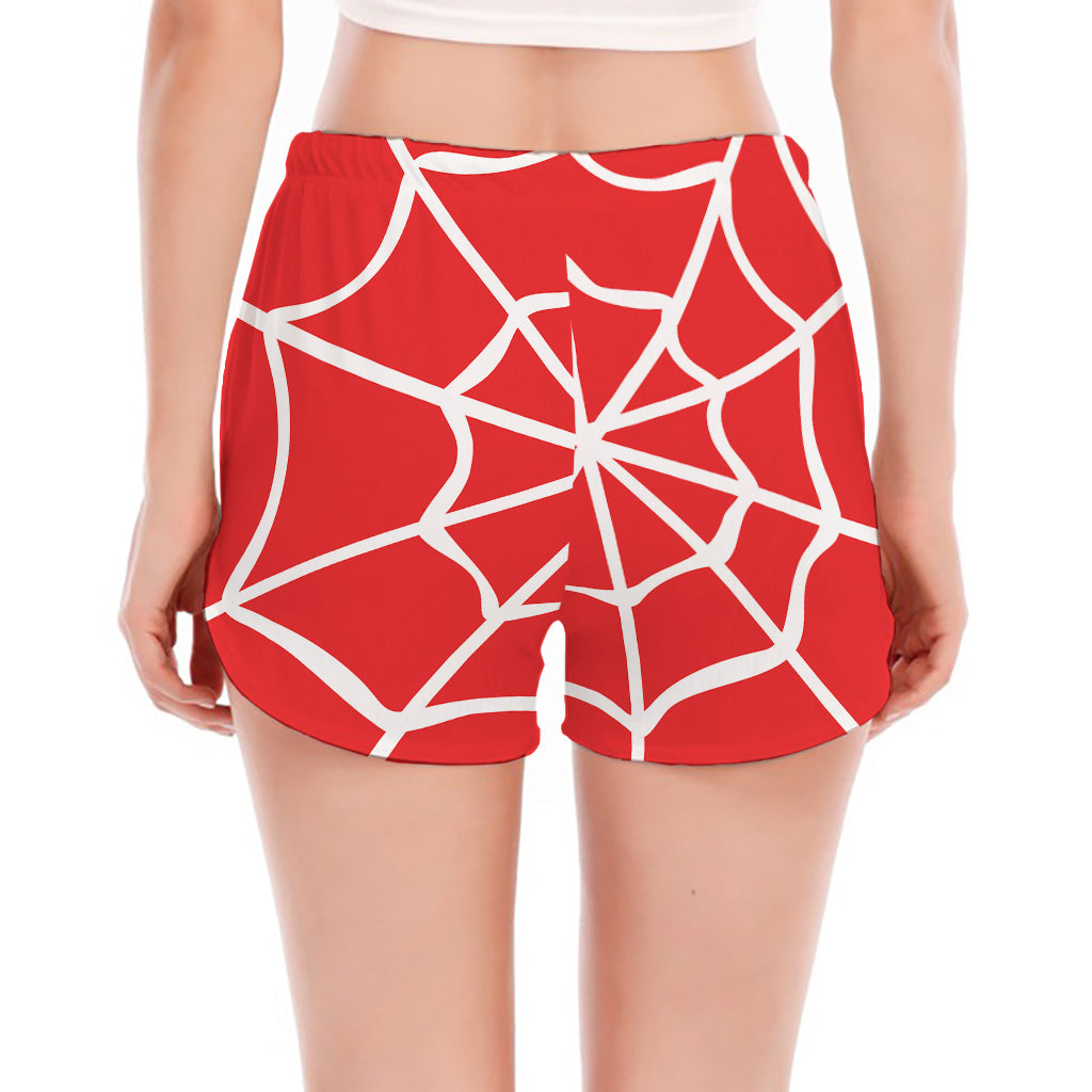 Red And White Spider Web Pattern Print Women's Split Running Shorts