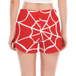 Red And White Spider Web Pattern Print Women's Split Running Shorts