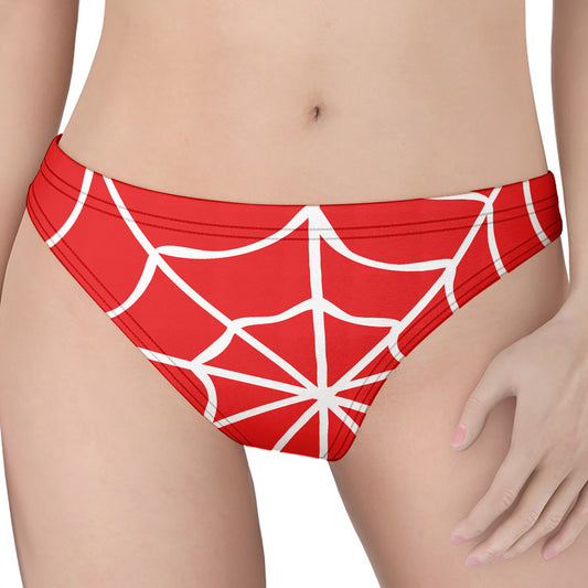 Red And White Spider Web Pattern Print Women's Thong