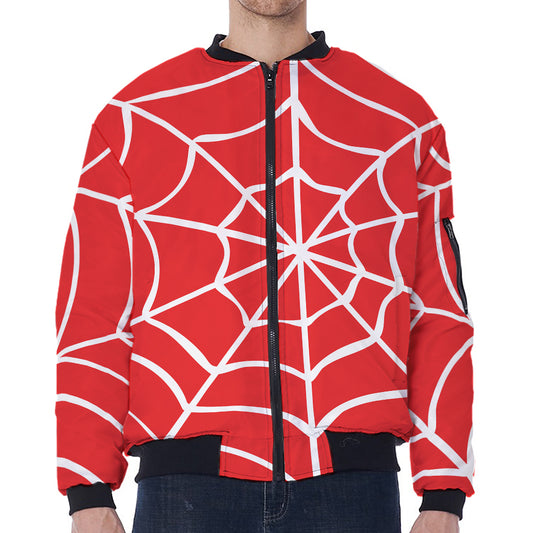 Red And White Spider Web Pattern Print Zip Sleeve Bomber Jacket