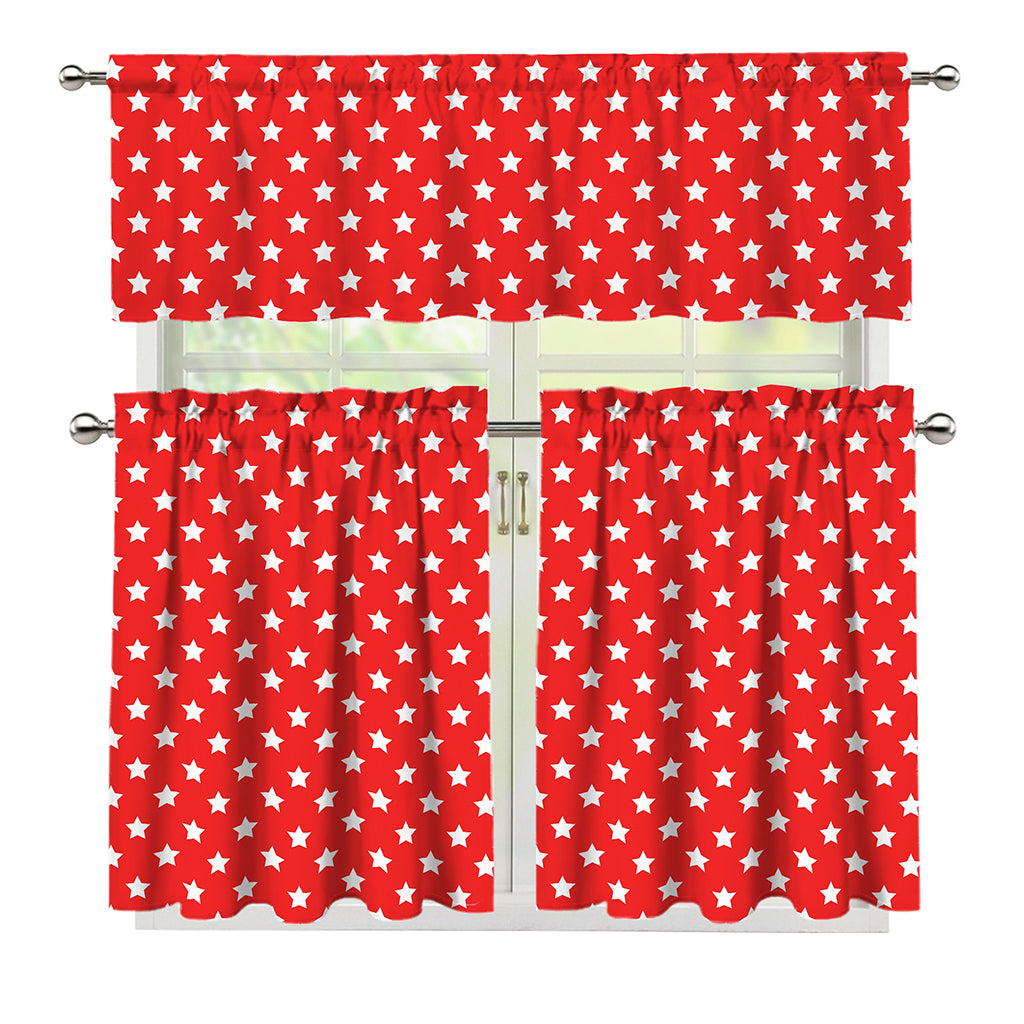 Red And White Star Pattern Print 3 Piece Kitchen Curtains