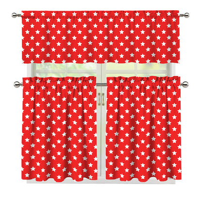 Red And White Star Pattern Print 3 Piece Kitchen Curtains