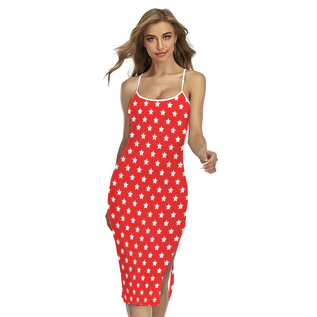 Red And White Star Pattern Print Cross Back Cami Dress