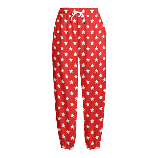 Red And White Star Pattern Print Fleece Lined Knit Pants
