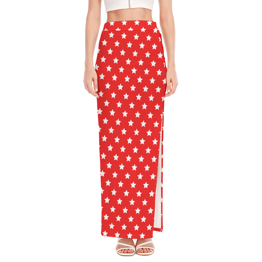 Red And White Star Pattern Print High Slit Maxi Skirt