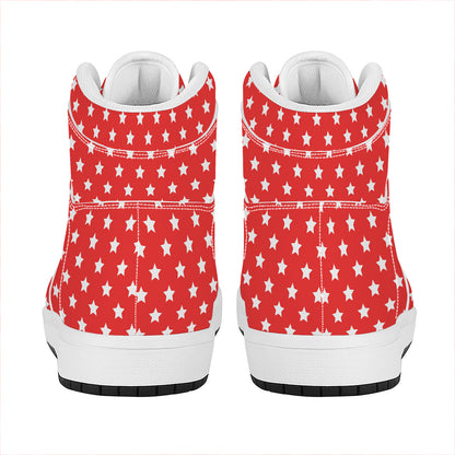 Red And White Star Pattern Print High Top Leather Sneakers