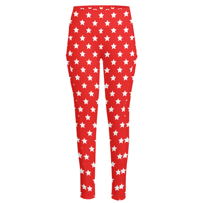 Red And White Star Pattern Print High-Waisted Pocket Leggings