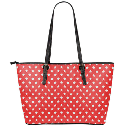 Red And White Star Pattern Print Leather Tote Bag