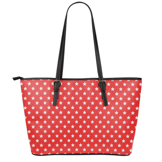 Red And White Star Pattern Print Leather Tote Bag