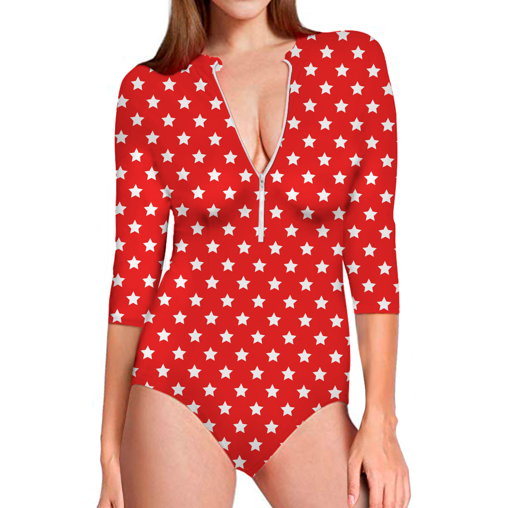 Red And White Star Pattern Print Long Sleeve Swimsuit