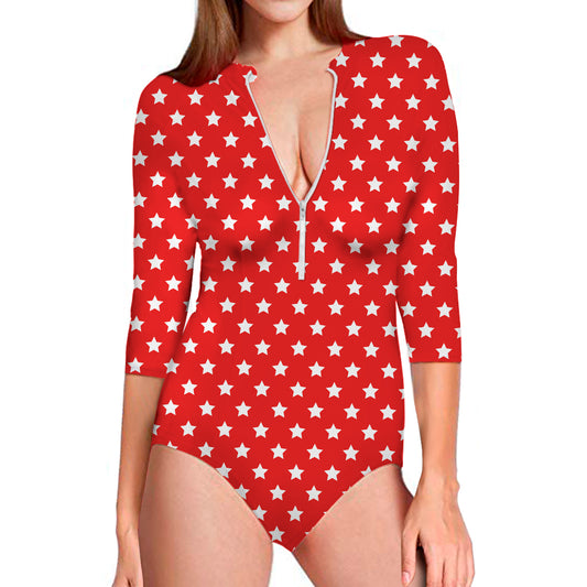 Red And White Star Pattern Print Long Sleeve Swimsuit