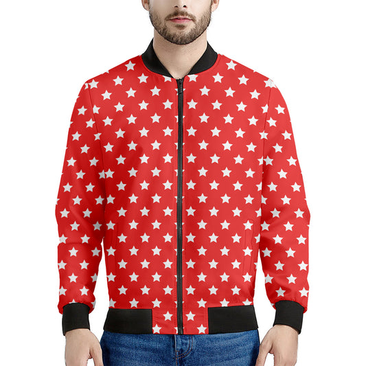 Red And White Star Pattern Print Men's Bomber Jacket