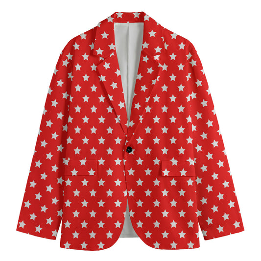 Red And White Star Pattern Print Men's Cotton Blazer