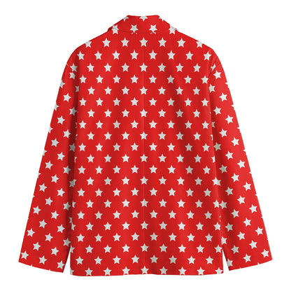 Red And White Star Pattern Print Men's Cotton Blazer