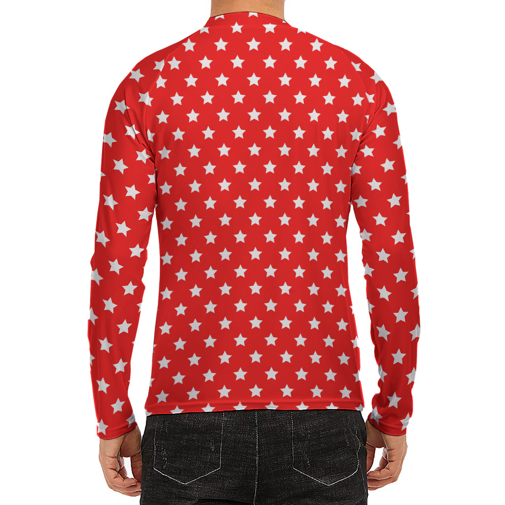 Red And White Star Pattern Print Men's Long Sleeve Rash Guard