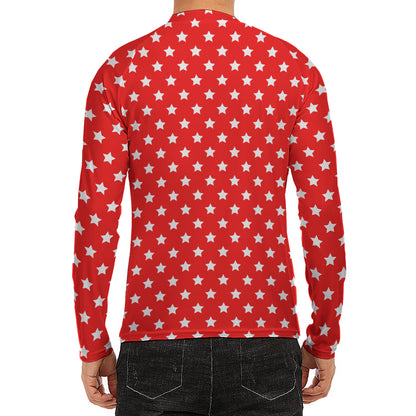 Red And White Star Pattern Print Men's Long Sleeve Rash Guard