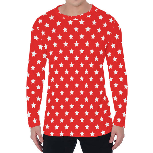 Red And White Star Pattern Print Men's Long Sleeve T-Shirt