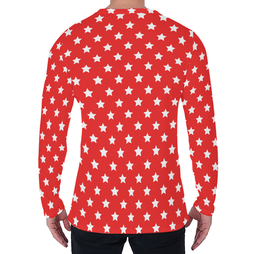 Red And White Star Pattern Print Men's Long Sleeve T-Shirt