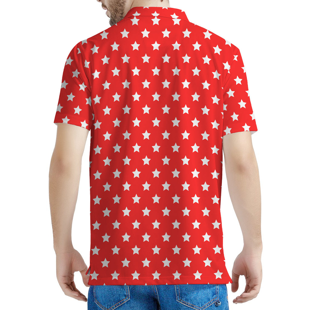 Red And White Star Pattern Print Men's Polo Shirt