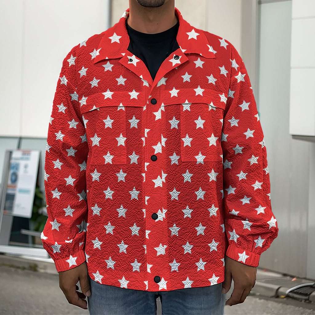 Red And White Star Pattern Print Men's Shirt Jacket