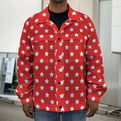 Red And White Star Pattern Print Men's Shirt Jacket