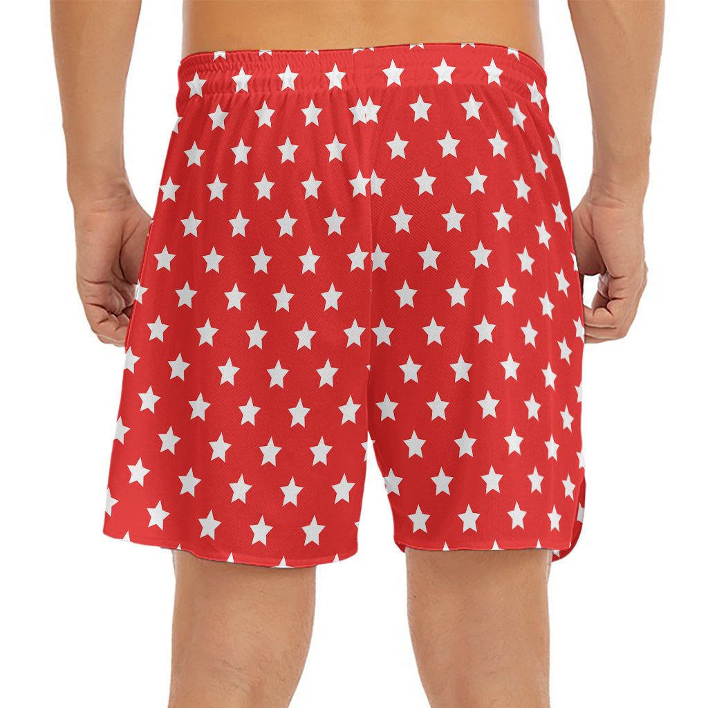 Red And White Star Pattern Print Men's Split Running Shorts
