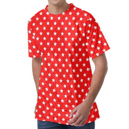 Red And White Star Pattern Print Men's Velvet T-Shirt