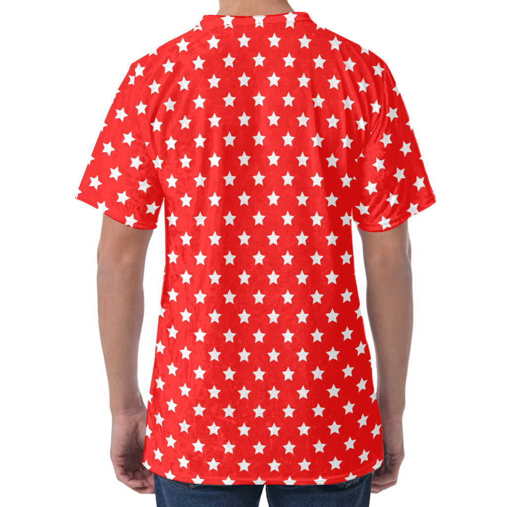Red And White Star Pattern Print Men's Velvet T-Shirt