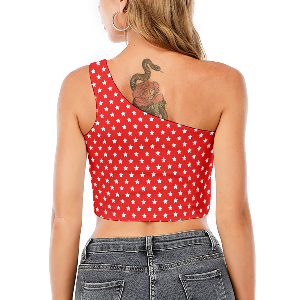 Red And White Star Pattern Print One Shoulder Crop Top