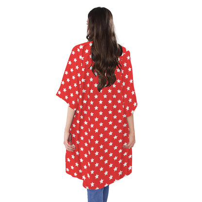 Red And White Star Pattern Print Open Front Beach Cover Up