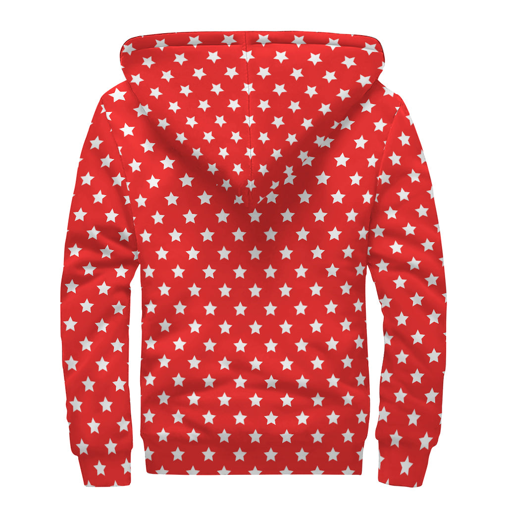 Red And White Star Pattern Print Sherpa Lined Zip Up Hoodie
