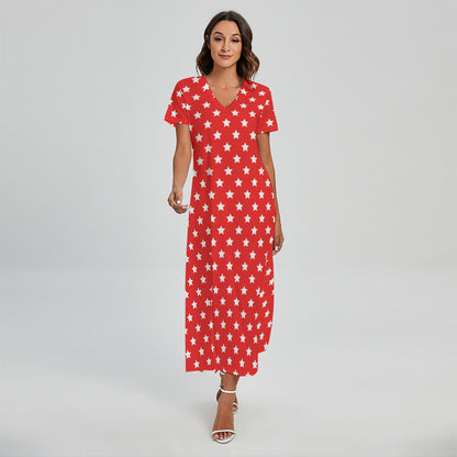 Red And White Star Pattern Print Short Sleeve Maxi Dress