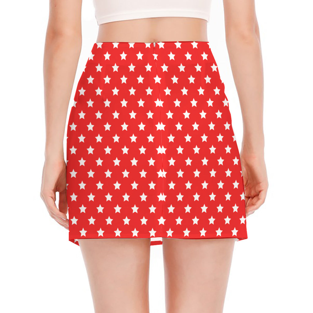 Red And White Star Pattern Print Side Slit Mini Skirt