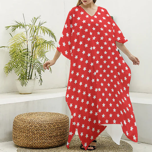 Red And White Star Pattern Print Silk V-Neck Kaftan Dress
