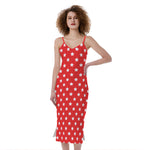 Red And White Star Pattern Print Slim Fit Midi Cami Dress