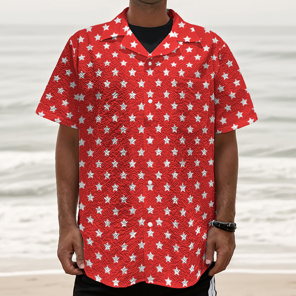 Red And White Star Pattern Print Textured Short Sleeve Shirt