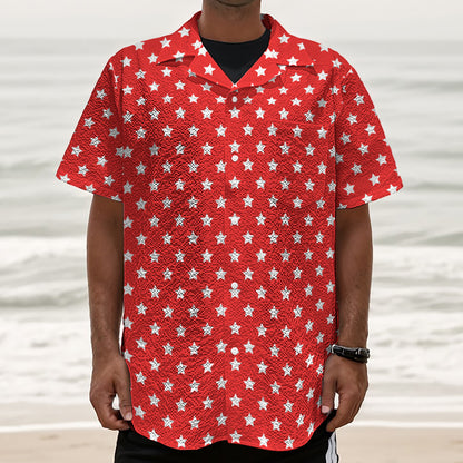 Red And White Star Pattern Print Textured Short Sleeve Shirt