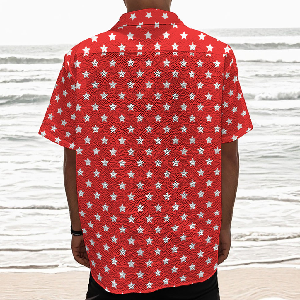Red And White Star Pattern Print Textured Short Sleeve Shirt