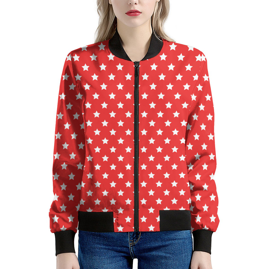 Red And White Star Pattern Print Women's Bomber Jacket
