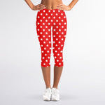 Red And White Star Pattern Print Women's Capri Leggings